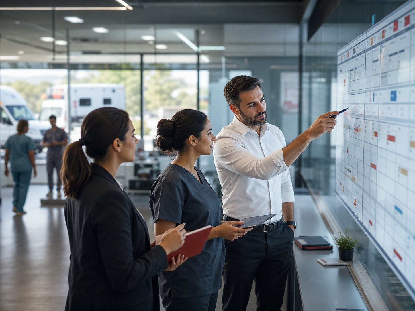 Healthcare operations team reviewing a shift schedule board