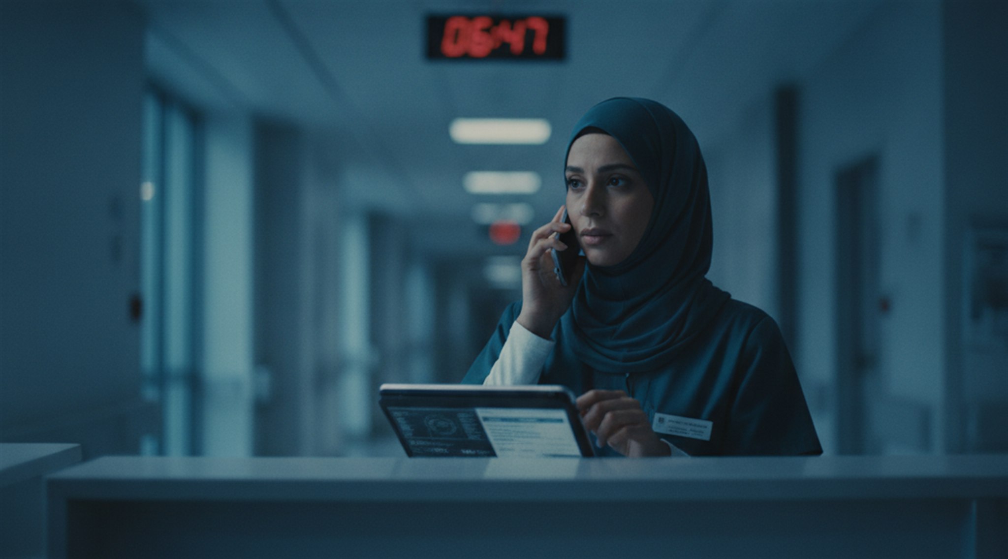 A charge nurse takes an early-morning sick-call at the ward station, the clock behind her reading 06:47.
