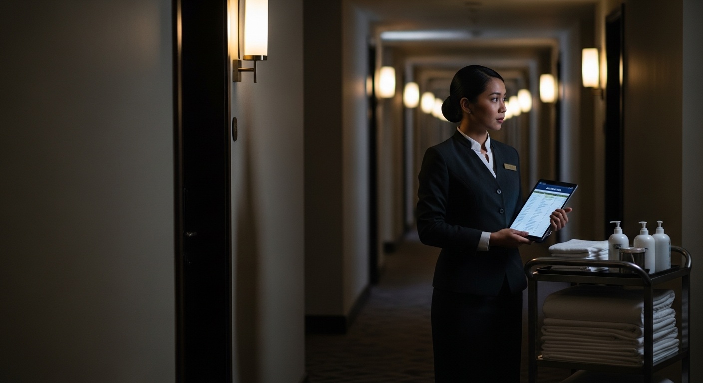 An executive housekeeper in a dark hotel uniform stands in a dimly lit luxury guest-room corridor during the midday room turn, holding a tablet and looking down the lit corridor, an amenities cart of folded towels beside her.