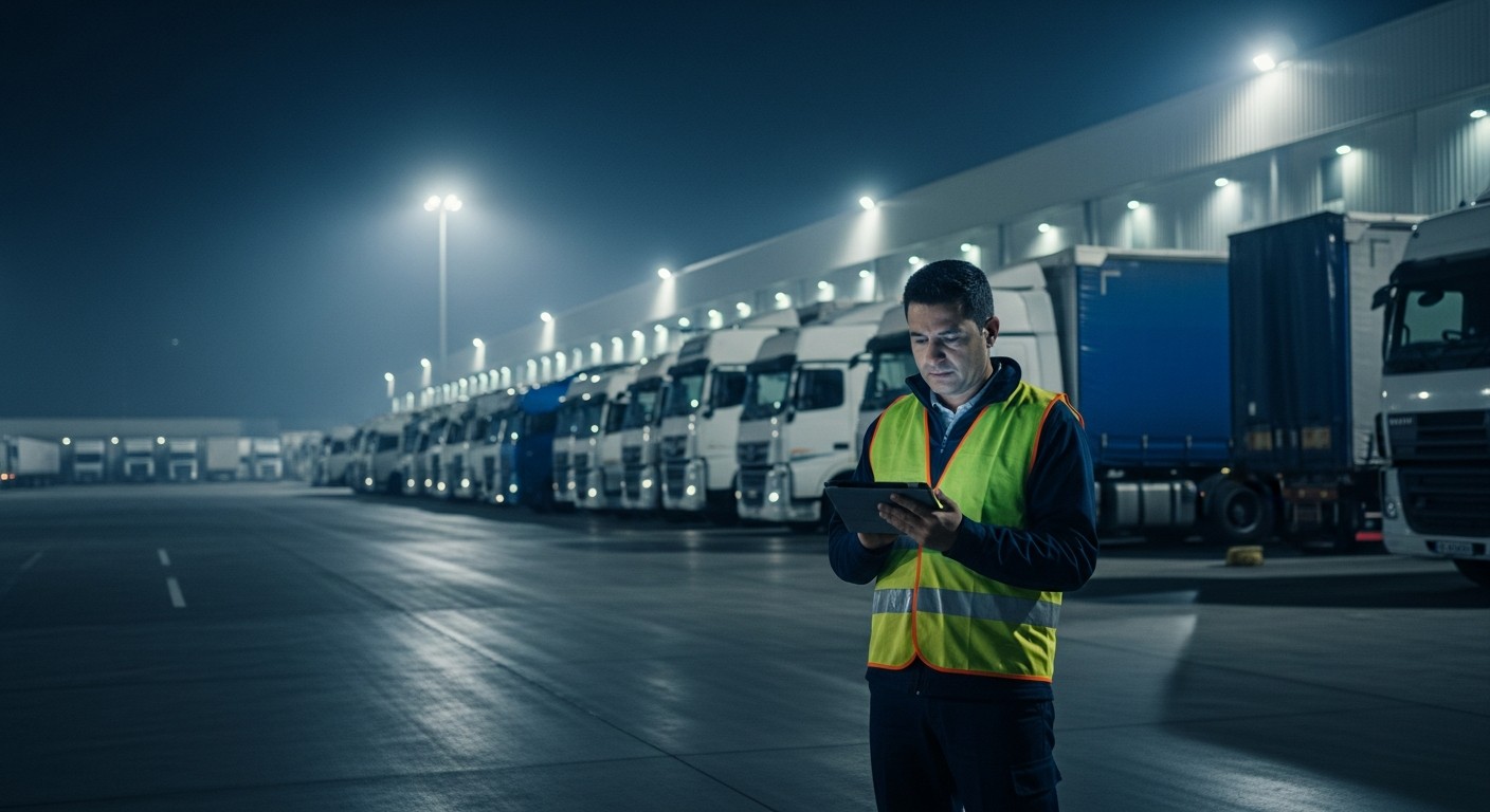 A transport controller in a high-visibility vest stands in a floodlit distribution yard at night looking down at a handheld device, a long line of parked heavy trucks at the loading bays behind and to his left.