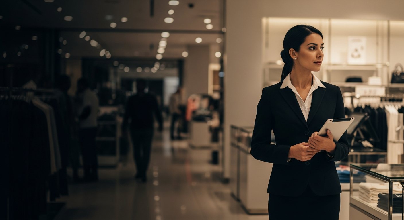 A retail store manager, a Middle Eastern woman in a dark suit and white shirt with her hair tied back, stands holding a tablet on the polished floor of a brightly lit upscale mall fashion store, clothing rails and blurred shoppers behind her.